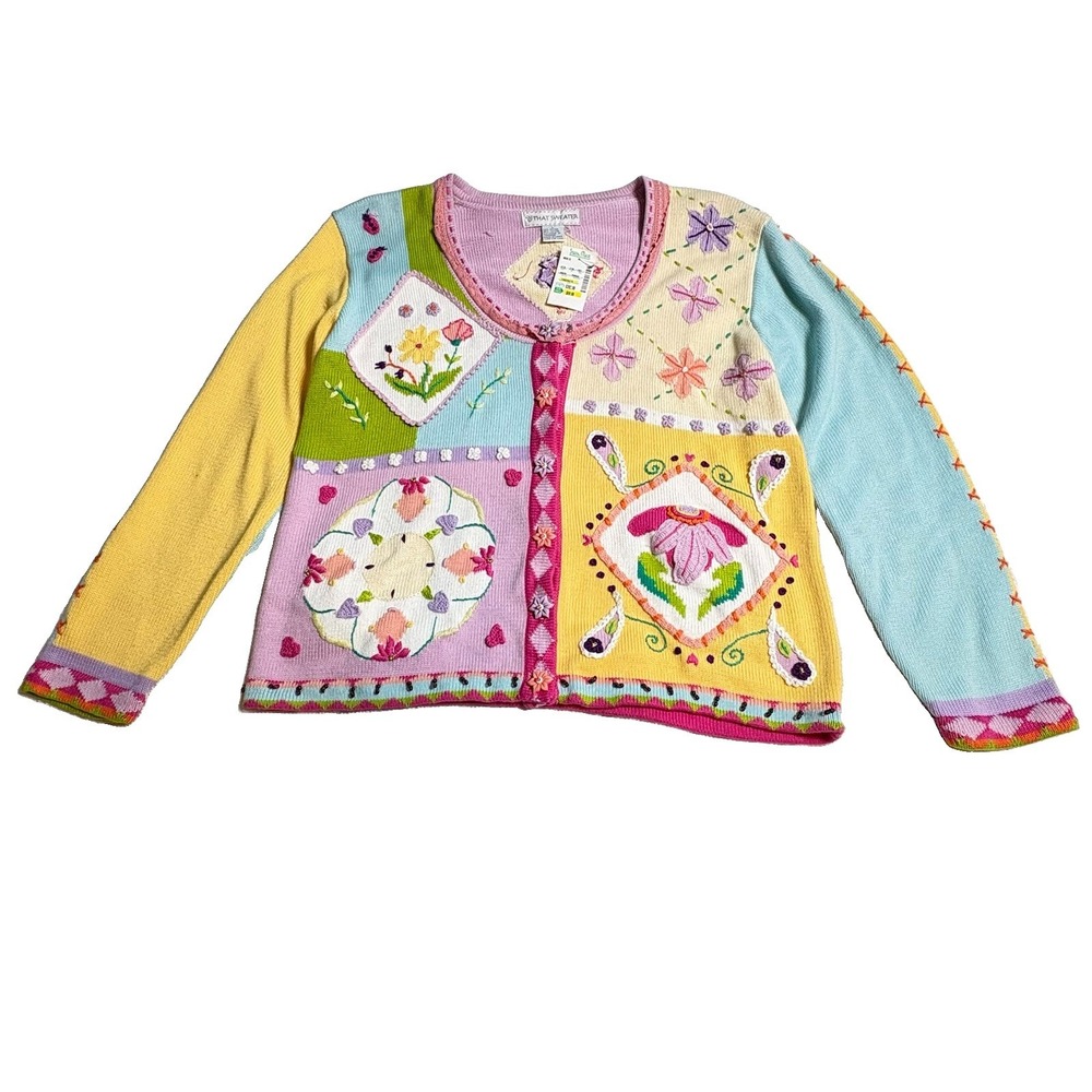 VTG That Sweater Cardigan Sz L New Old Stock W Tag Floral Quilt Pattern Look
